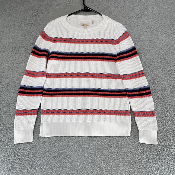 Barbour Sweaters - Barbour Promenade Knit Sweater Womens 6 White Striped 100% Cotton Crewneck
